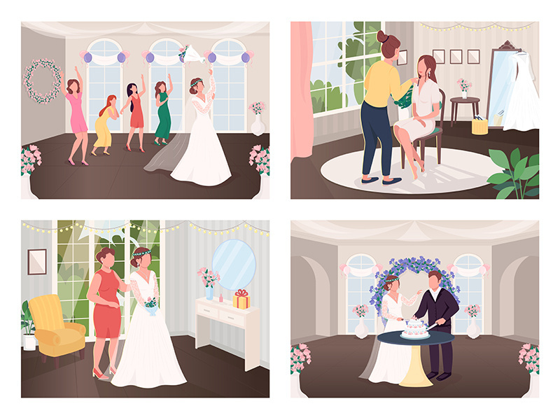 Wedding celebration traditions flat color vector illustration set