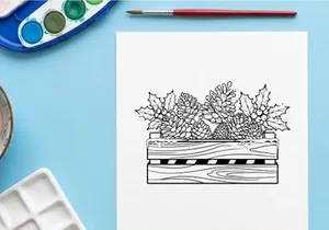 Christmas pine cones and holly berries in a wooden crate line art illustration