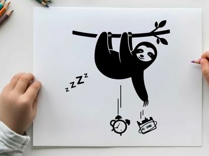 Sloth silhouette hanging from branch asleep next to alarm clock