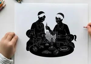 Silhouette of two women lighting menorah with traditional jewish dinner