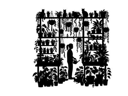 Silhouette of a person surrounded by lush greenery and plants