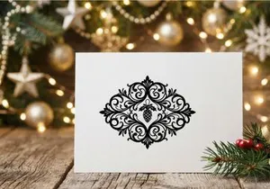 Christmas pine cone icon with elegant black floral filigree ornament on white background