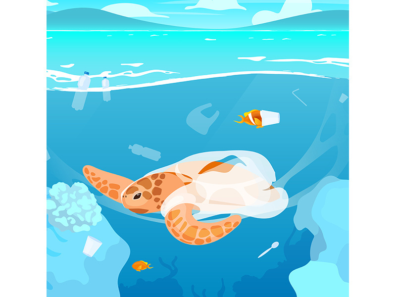 Turtle trapped in plastic garbage flat vector illustration