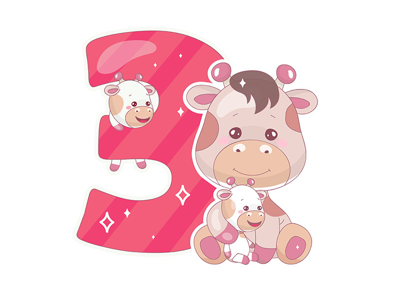 Cute three number with baby giraffe cartoon illustration