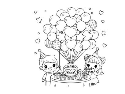 Kids birthday party with balloons and cake vector illustration