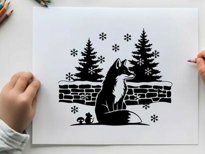 Silhouette of a fox sitting by a snowy wall with pine trees silhouette