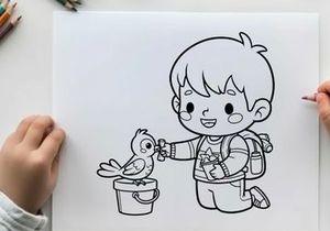 Cute boy feeding bird flat design vector illustration