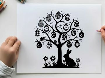Easter bunny silhouette under decorated tree with eggs preview picture
