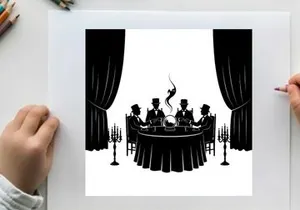 Silhouette of men in top hats gathered around a table with a dancing silhouette