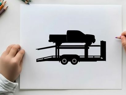 Silhouette of a car on a trailer against a white background