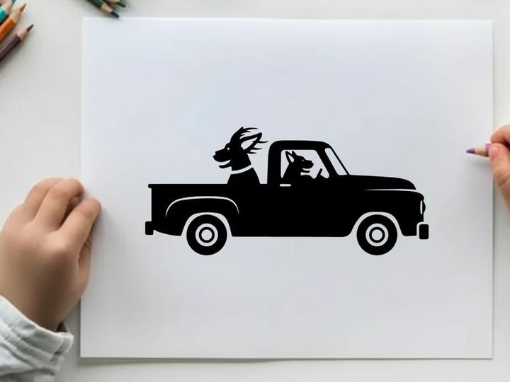 Silhouette of a moose sticking out of a pickup truck