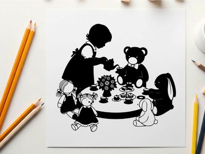 Silhouette of a girl and teddy bear at tea party