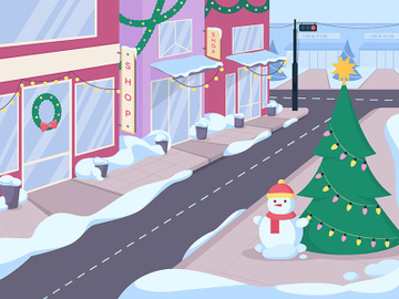 Winter city street with boutiques flat color vector illustration preview picture