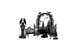 Silhouette of woman sitting by ornate gate with eagle and trees