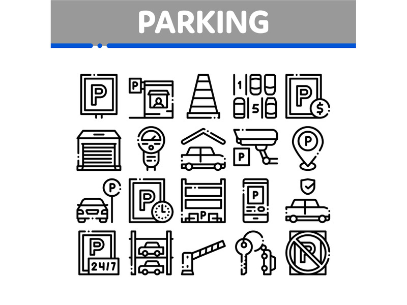 Parking Car Collection Elements Icons Set Vector
