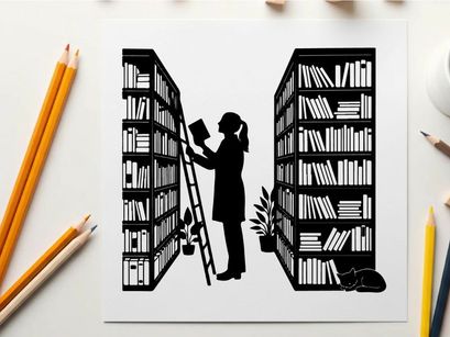 Silhouette of woman retrieving book from tall bookshelf using ladder