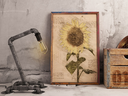 Sunflower in Vintage Steampunk Da Vinci Drawing Style
