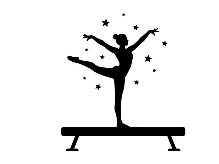 Silhouette of gymnast on balance beam with stars