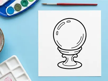 Crystal ball line art icon. Magic sphere on a stand for fortune telling and divination.
