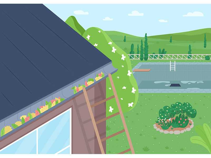 Spring roof cleaning from leaves flat color vector illustration