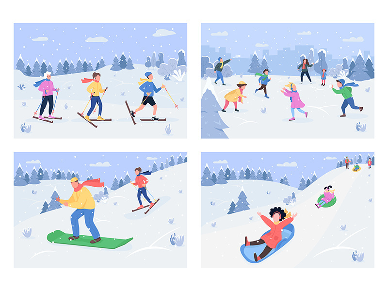 Winter activity semi flat vector illustration set