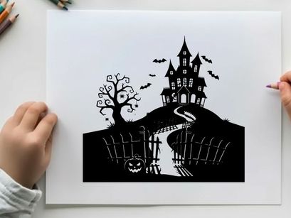 Spooky silhouette of haunted house on hill with moon