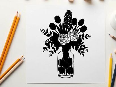 Silhouette of flowers in a vase on a white background