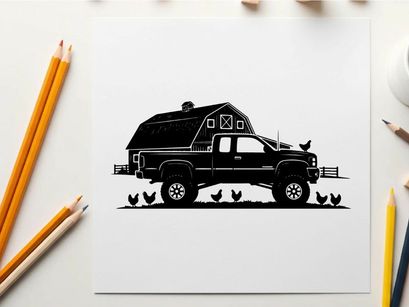 Silhouette of a pickup truck and barn with chickens