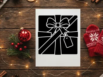 Black and White Gift Box with Ribbon and Tag for Christmas or Holiday