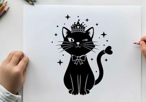 Regal silhouette cat in crown and bow tie with stars