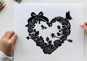 Silhouette heart with roses bow and butterfly