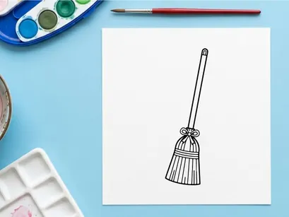 Handgezeichnete Besen-Illustration für Reinigung und Haushaltsarbeiten. Einfache Strichzeichnung eines traditionellen Strohbesens mit Holzstiel.