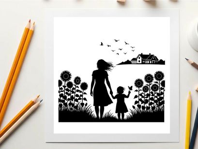 Silhouette of mother and child in dandelion field with birds and house