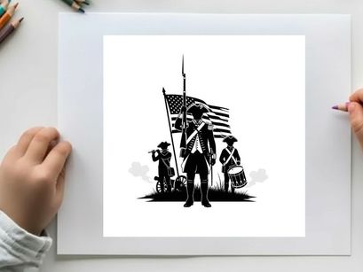 Revolutionary war soldiers with american flag silhouette