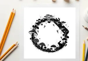 Silhouette of various mushrooms and fungi in a circular pattern