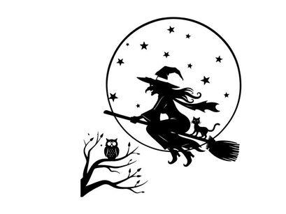 Witch silhouette flying on broomstick under full moon