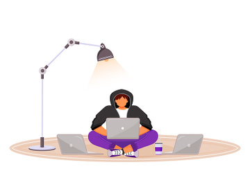 Young man in hoodie with several laptops flat color vector faceless character preview picture
