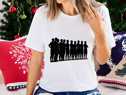 A group of men standing in a line in silhouette against a white background