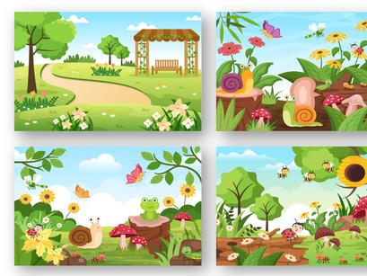 13 Beautiful Garden Landscape Cartoon Background Illustration