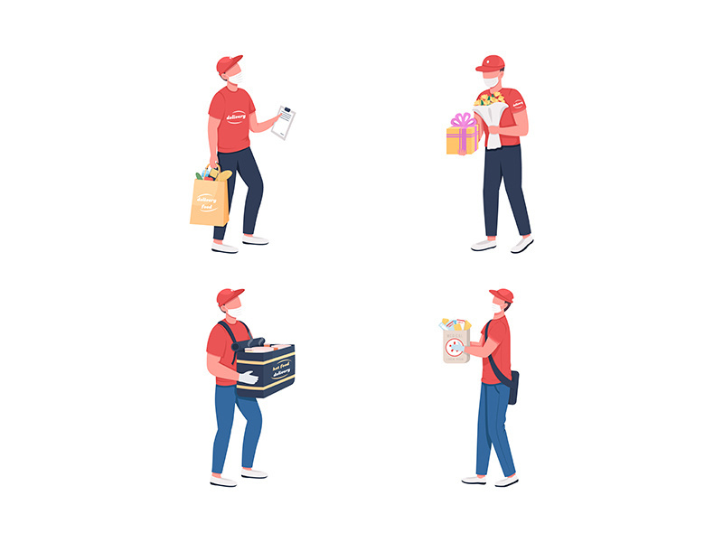 Delivery courier in mask flat color vector faceless character set