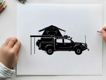Silhouette of a truck with a rooftop tent on a white background