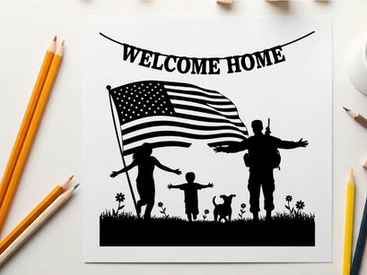 Welcome home patriotic family silhouette with american flag