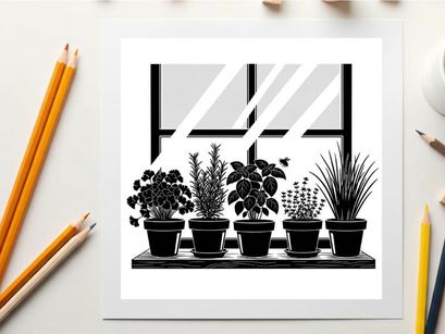 Silhouette of plants on a windowsill with a sunny view outside