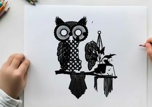 Owl silhouette perched beside a hanging plant