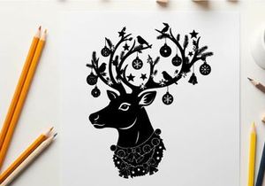 Christmas reindeer silhouette with ornaments and red nose