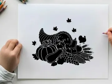 Silhouette of cornucopia with fruits and leaves preview picture