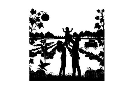 Family in a field with silhouette of a child on father's shoulders