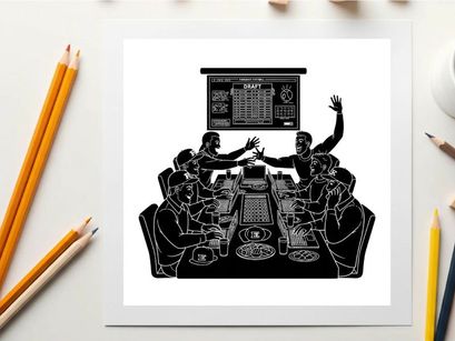 Silhouette of people gathered around a table with a menu board