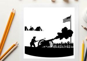 American civil war silhouette of soldier firing cannon with flag and tents