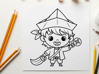 Cute samurai kid holding sword vector illustration